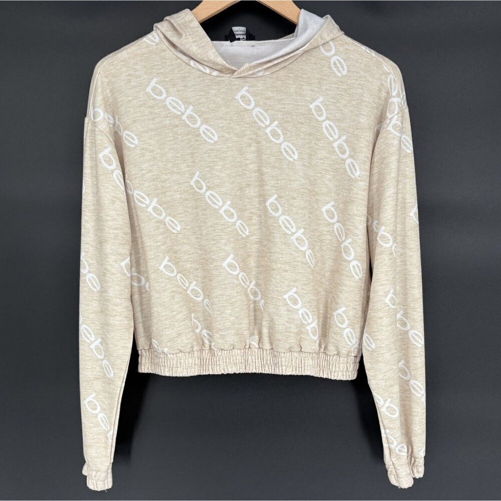 Bebe Women's Lightweight Cropped Hooded Sweatshirt L Beige Activewear Loungewear